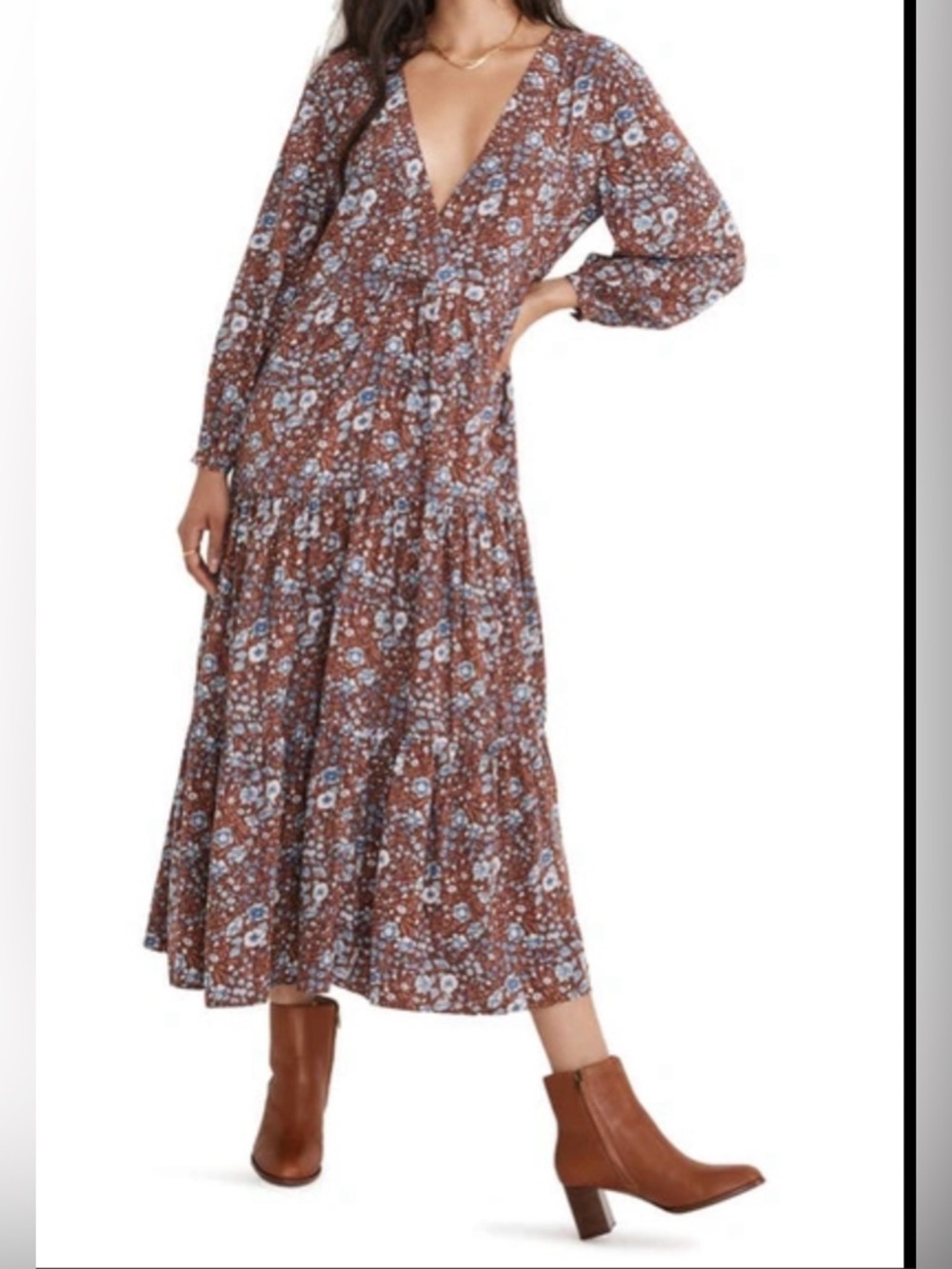 Madewell Brown Floral V-Neck Tiered Maxi Dress with Blue Accents